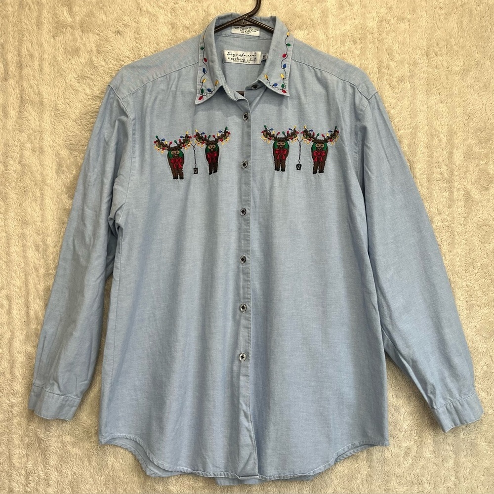 Northern Isles Embroidered Moose 100% Cotton Denim Sz 12  Chambray Holiday